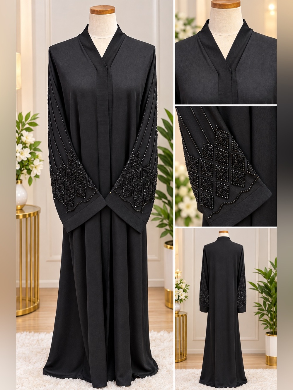 Elegant Black Beaded Long-Sleeve Abaya Dress